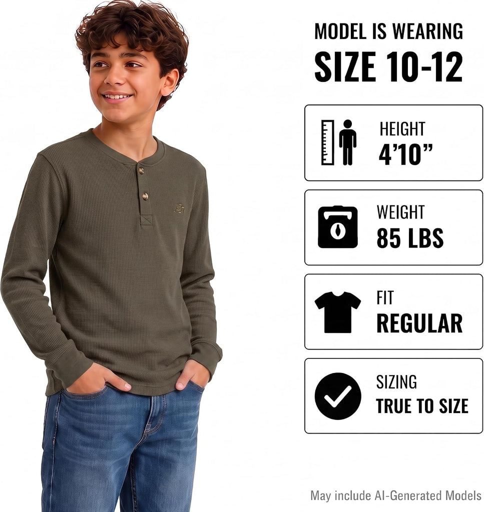Boys Long Sleeve Thermal Henley, Fleece Waffle Knit