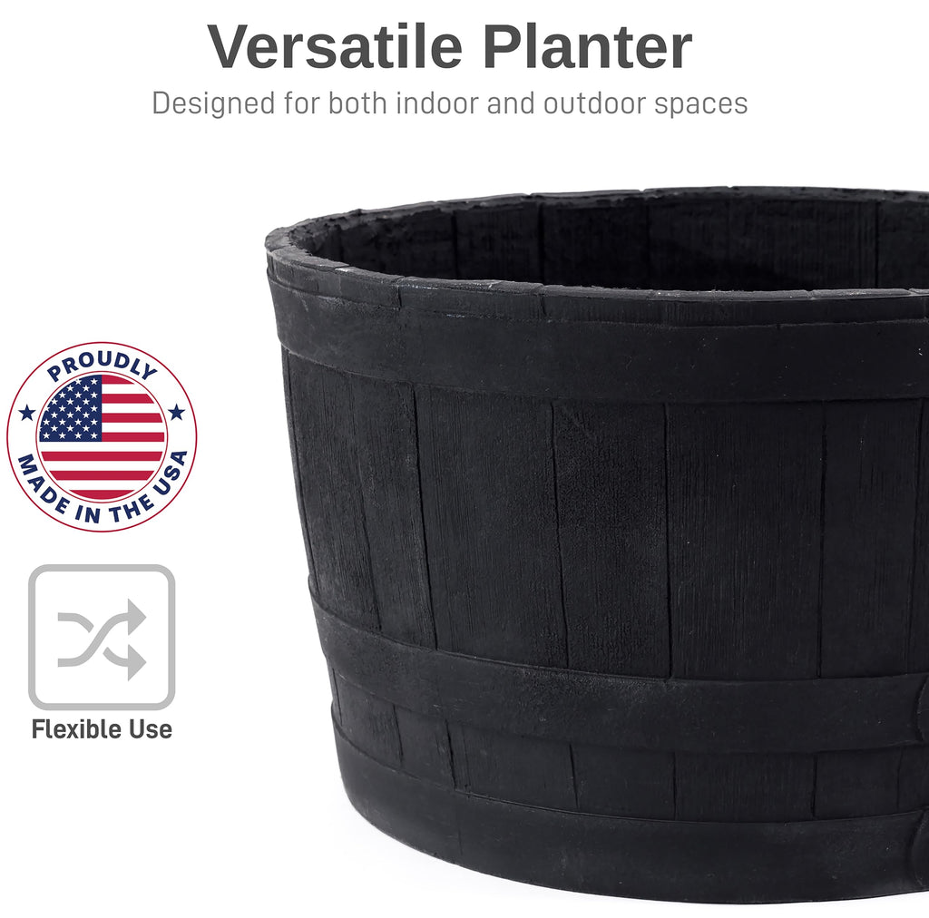 Polyethylene Whiskey Barrel Planter for Indoor or Outdoor Gardening, Black (2 Pack)