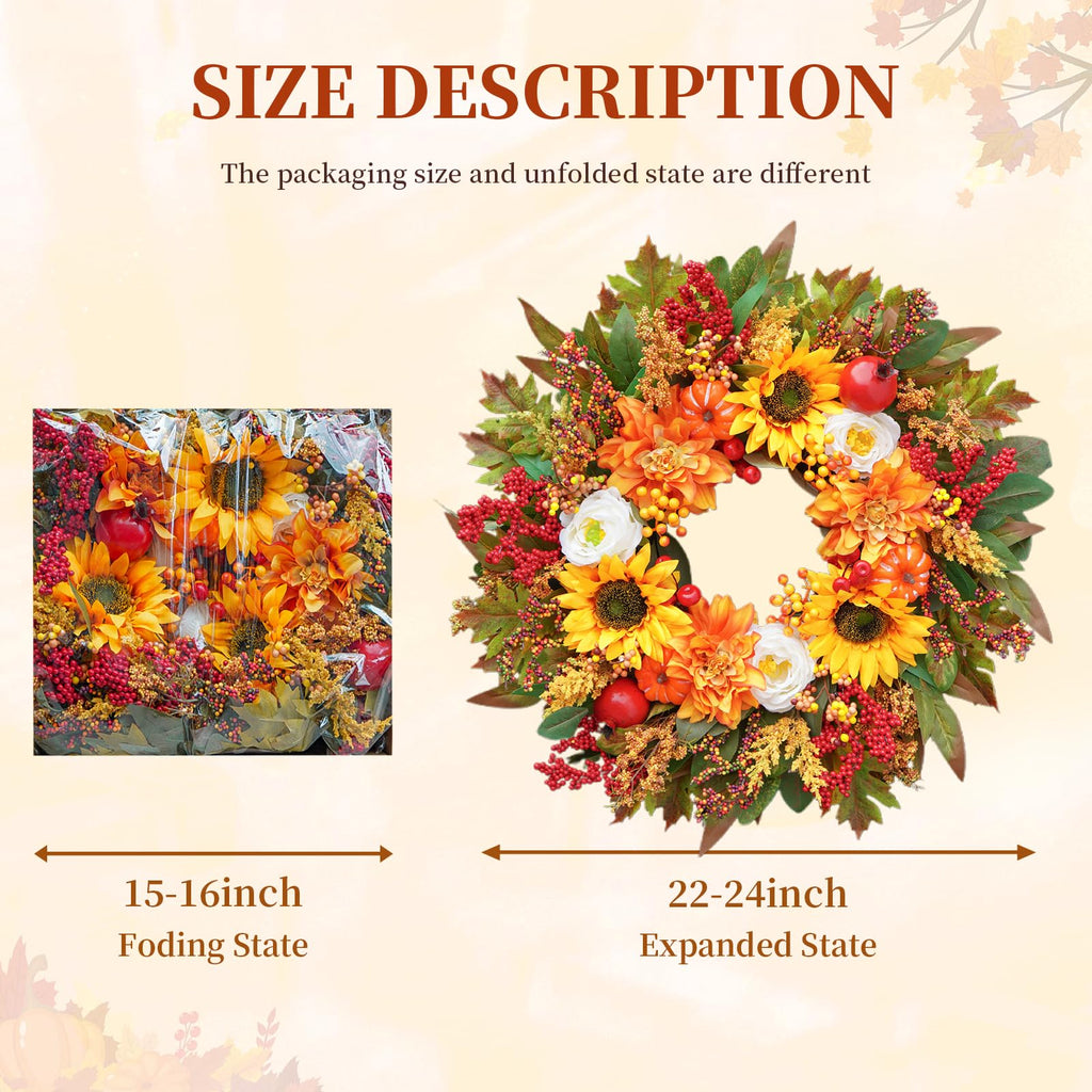 Fall Wreaths for Front Door, 24 Inch Autumn Wreath Luxury Harvest and Thanksgiving Indoor & Outdoor, Fall Door Wreath