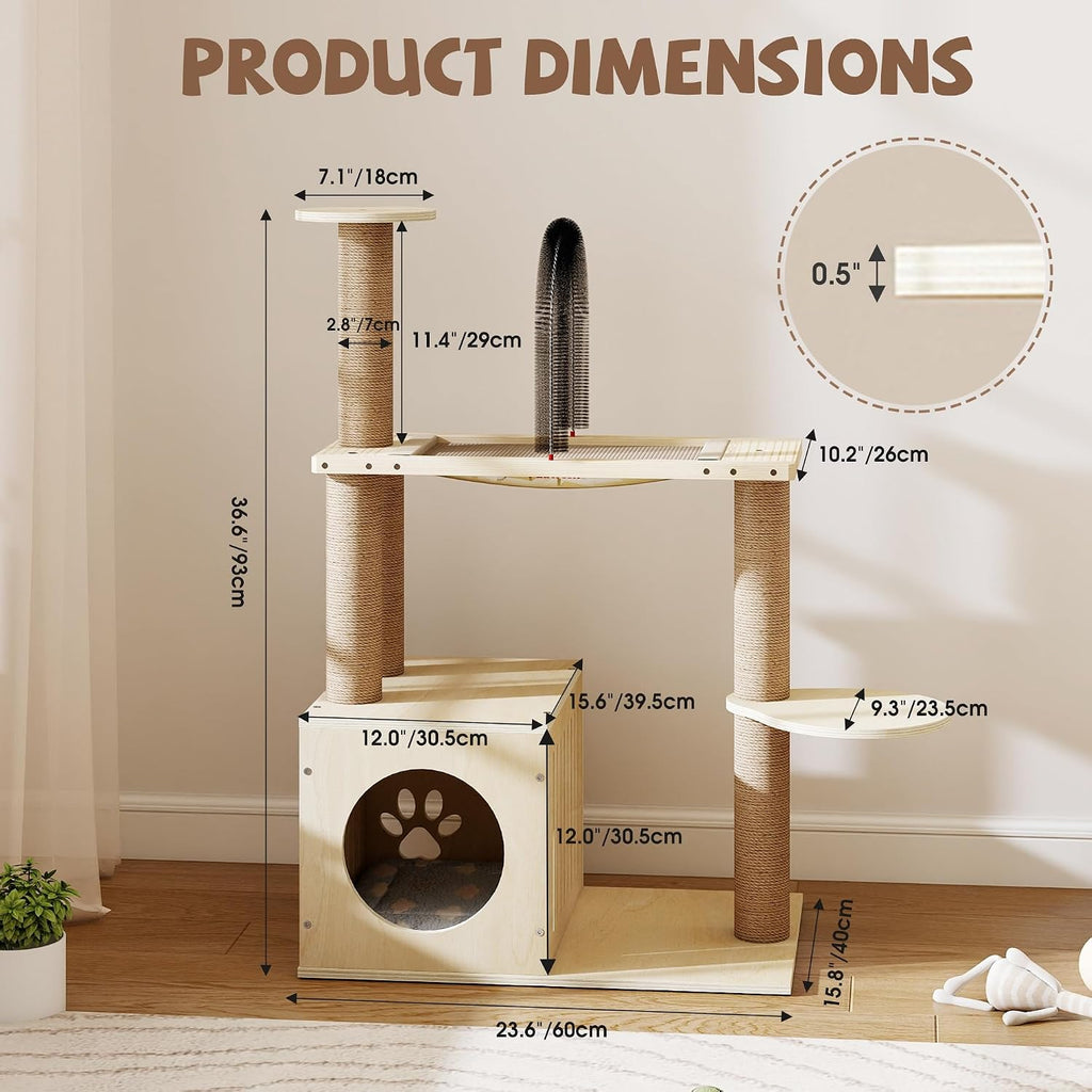 Wooden Cat Tree with Scratching Post, Modern Tower for Indoors Cats, Natural