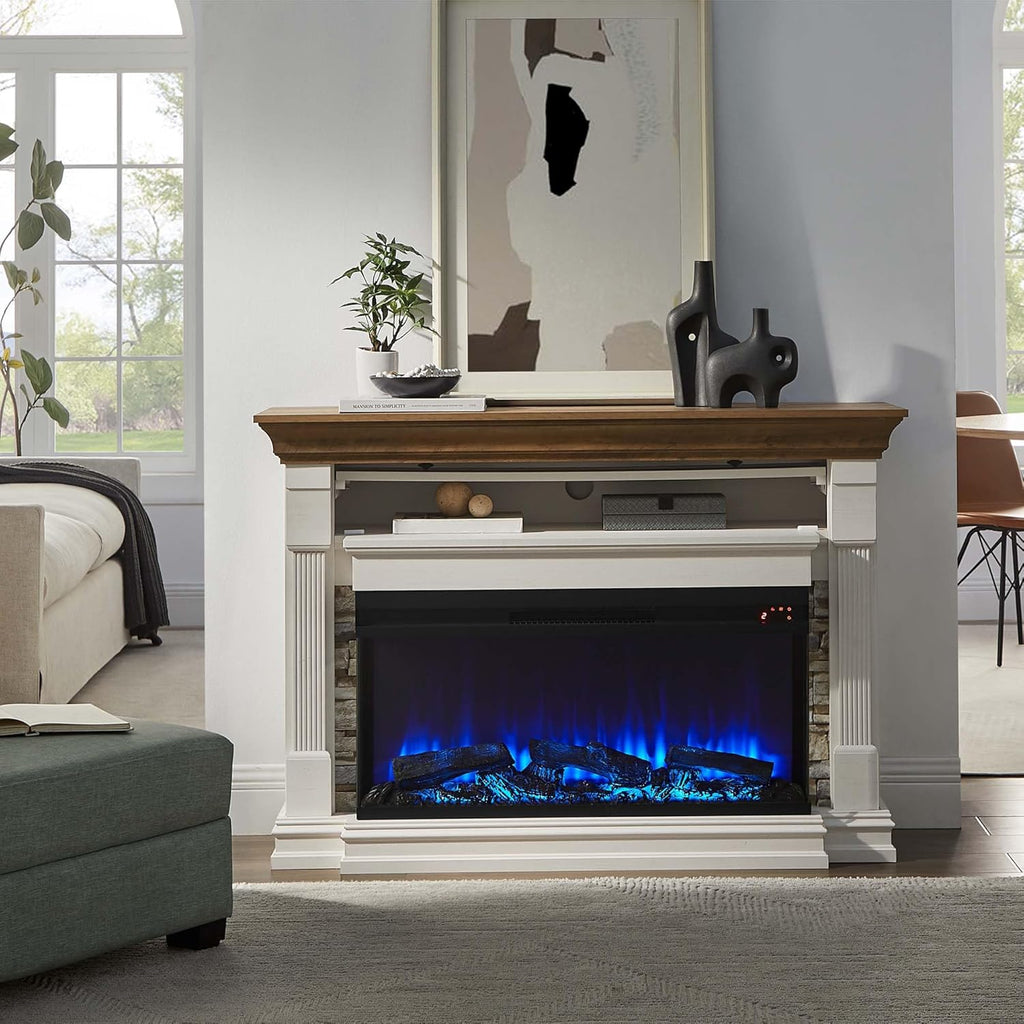 52 Inch Electric Fireplace with Mantel, Fireplace TV Stand with 36" 3-Sided Glass Electric Fireplace Heater for