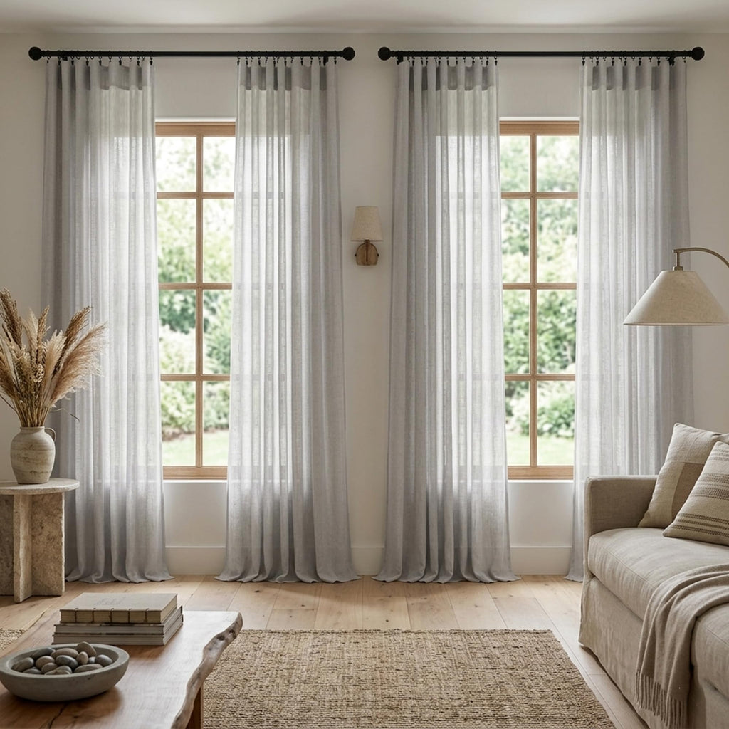 102 Inch Curtains Bedroom 2 Panels Rod Pocket Long Drapes Light Filter Semi Sheer Linen Light Grey Curtain Sliding