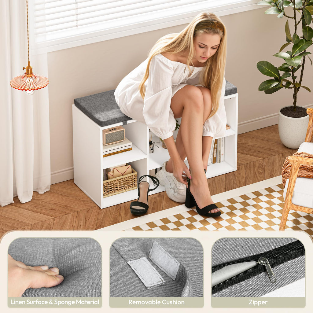 Shoe Bench, Storage Bench with Padded Seat, 6 Cubbies Storage Entryway Bench, White