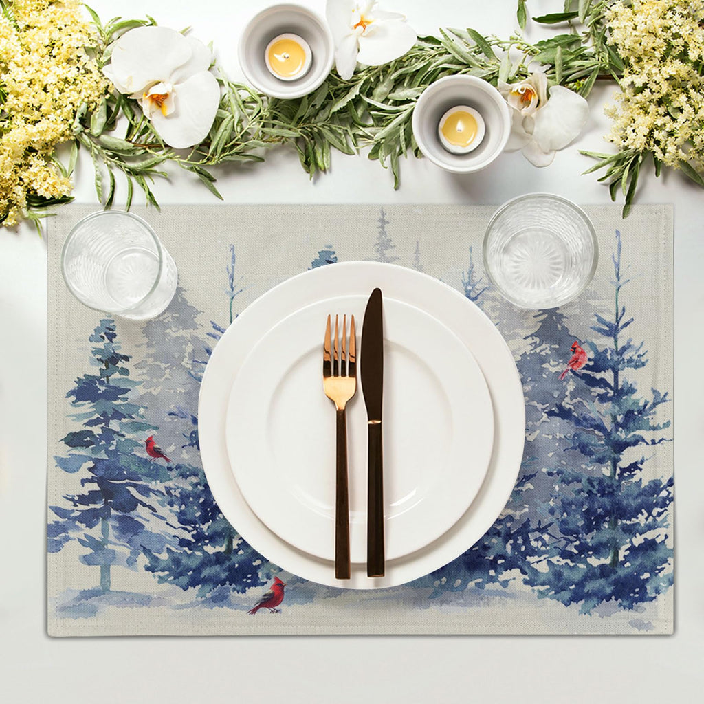 Winter Blue Pine Tree Placemats Set of 4,12 x 18 Inch Forest Xmas Red Bird Heat Resistant Place Mats Linen Table Mats