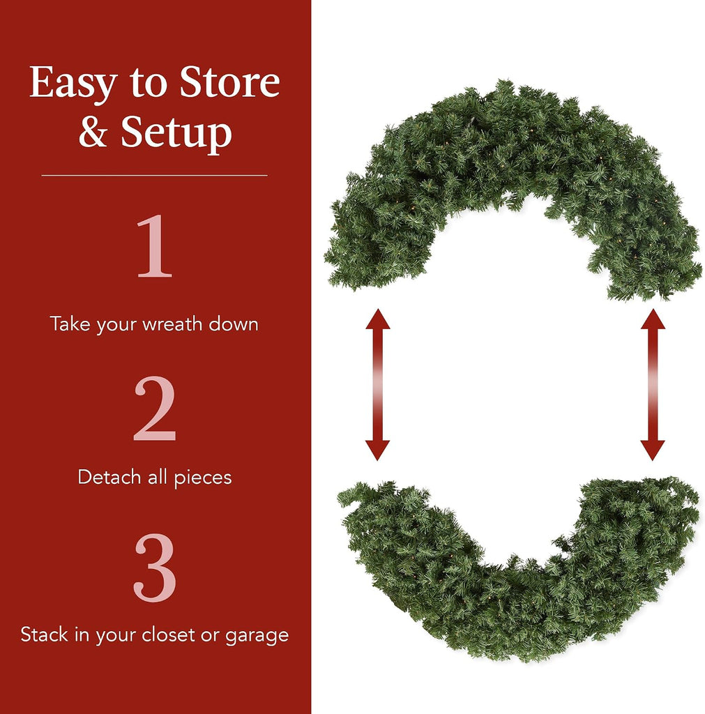 60in Large Artificial Pre-Lit Fir Christmas Wreath Holiday Accent Decoration for Door, Mantel w/Red Lighted Bow, 375