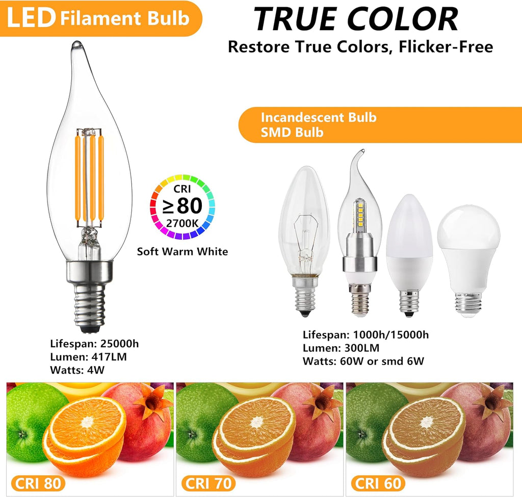 CA10 E12 LED Candelabra Light Bulbs 40W Dimmable 6 Pack