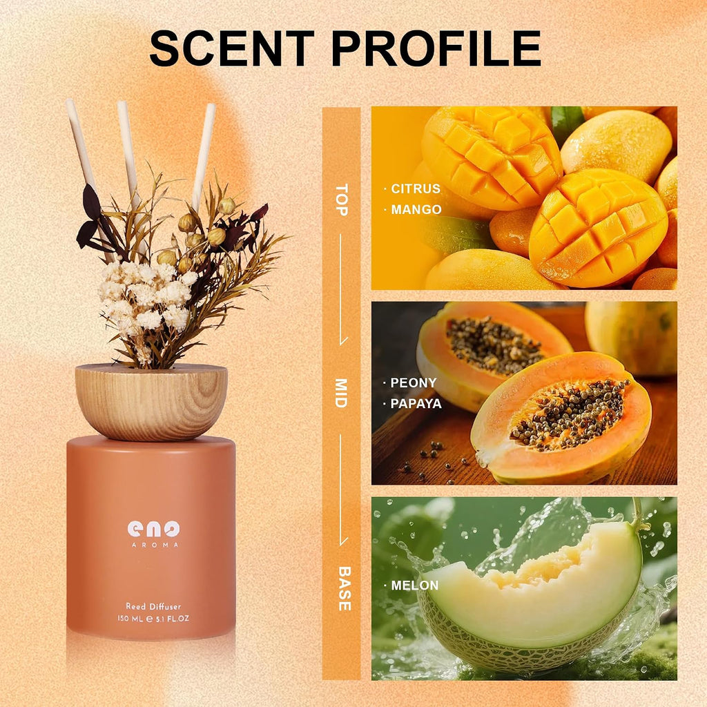 Reed Diffuser Set with Dried Flowers, 5.1 fl oz / 150ml, Mango Papaya Salad - Home Fragrance Diffuser with Sticks
