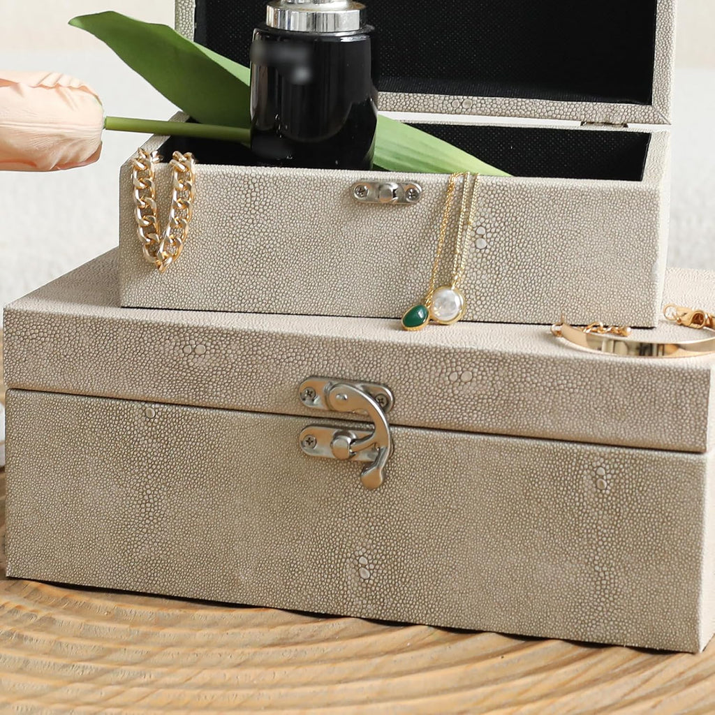 Faux Shagreen Leather Decorative Storage Boxes, Ivory - Set of 2