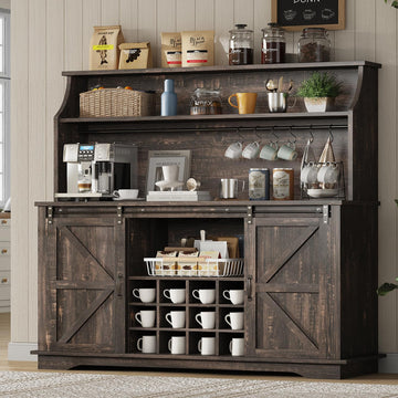 55" Farmhouse Coffee Bar Cabinet with 3 Tier Storage Hutch, Oak
