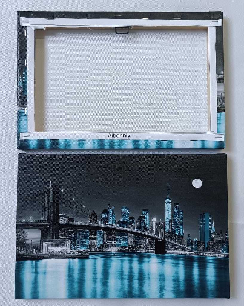 Wall Canvas Painting Black White and Blue New York Brooklyn Bridge 1 Piece Cityscape Night Building Picture Poster