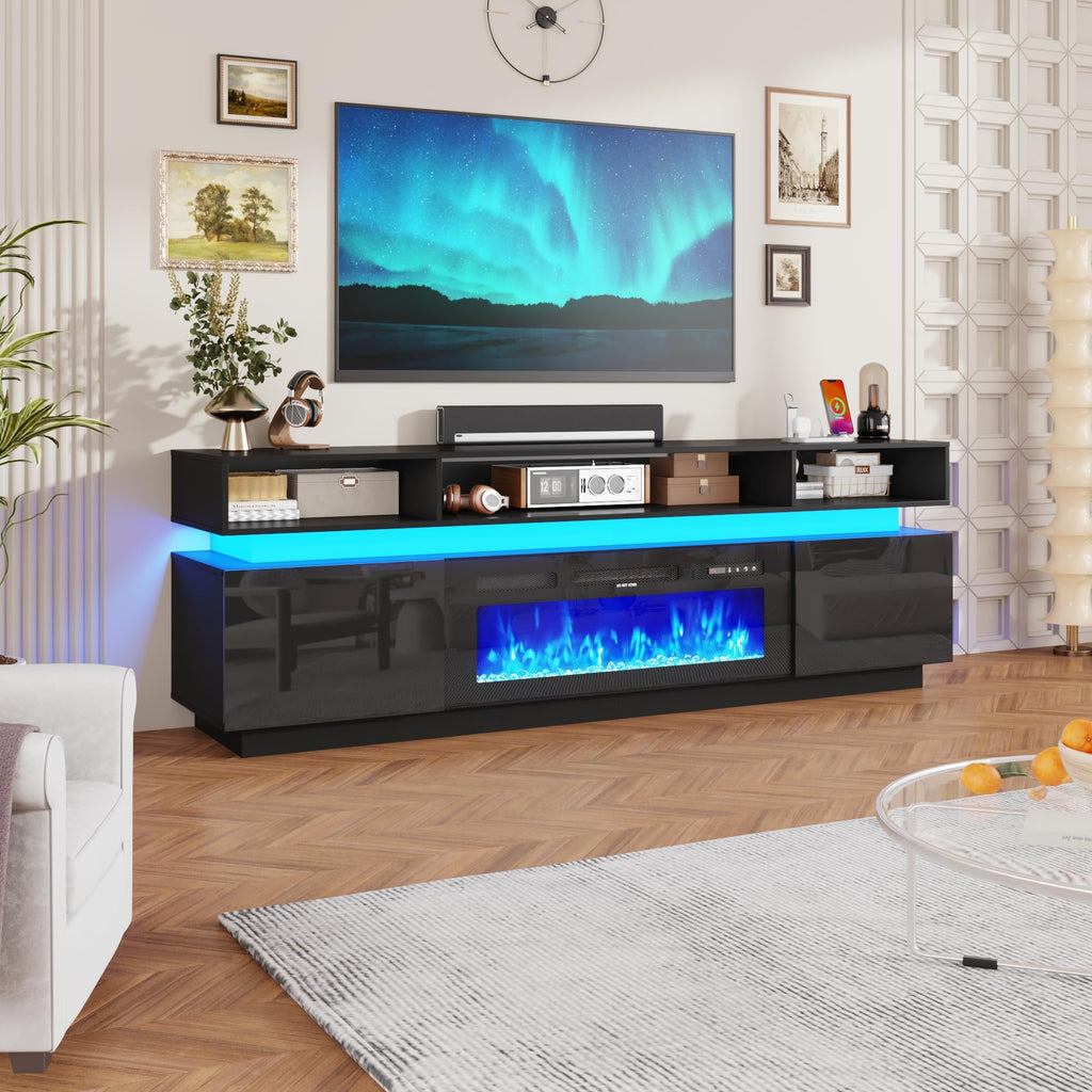 Fireplace TV Stand for 95" TV, 83" LED Entertainment Center with 40" Fireplace & Power Outlets, High Gloss TV Stand