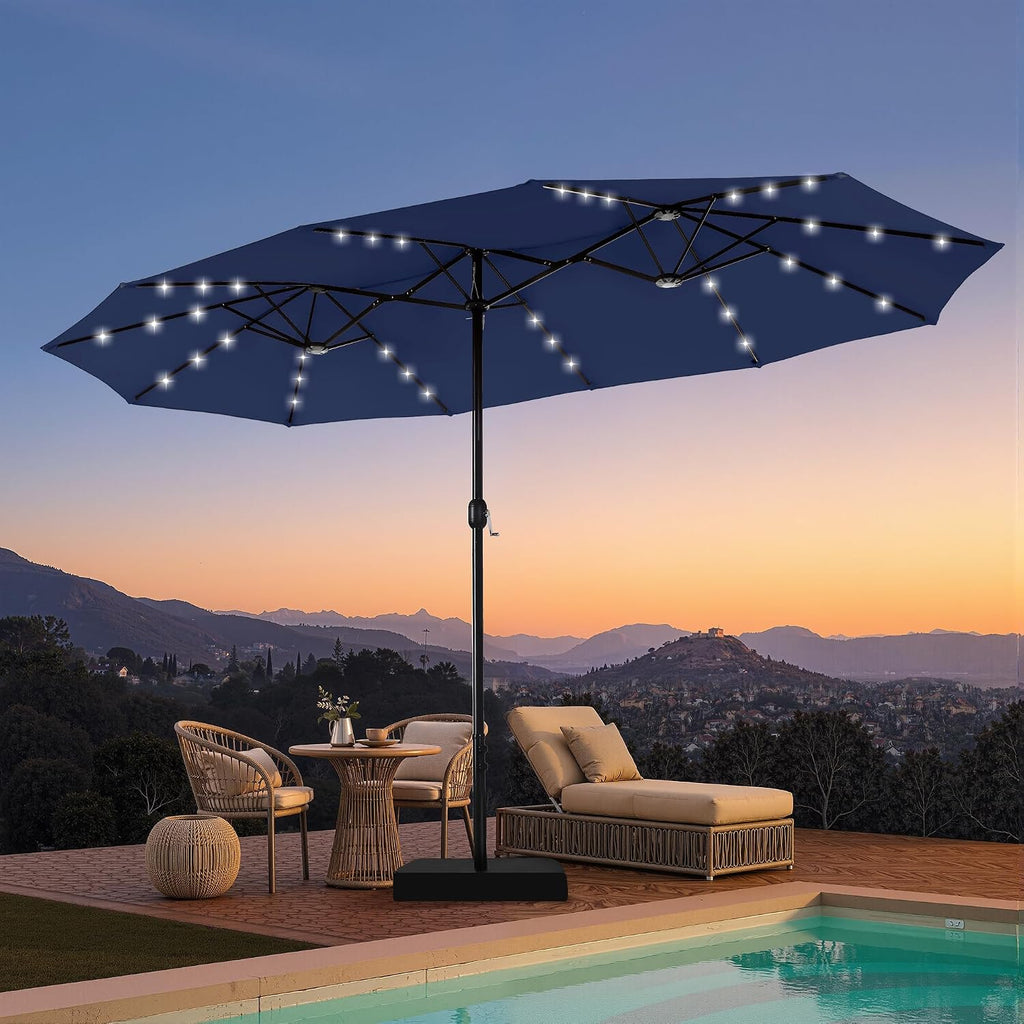 15ft Large Patio Umbrella with Base & Solar Lights,Rectangle,Navy | Outdoor Double-Sided Rectangular Umbrella with