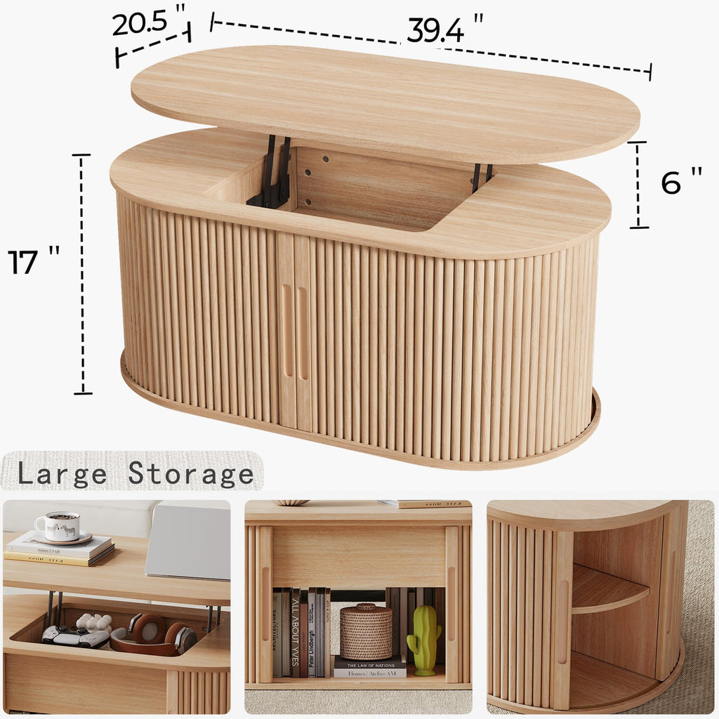 Lift Top Coffee Table, Oval Fluted Coffee Table with Storage, Boho Wooden Coffee Tables with Sliding Tambour Door