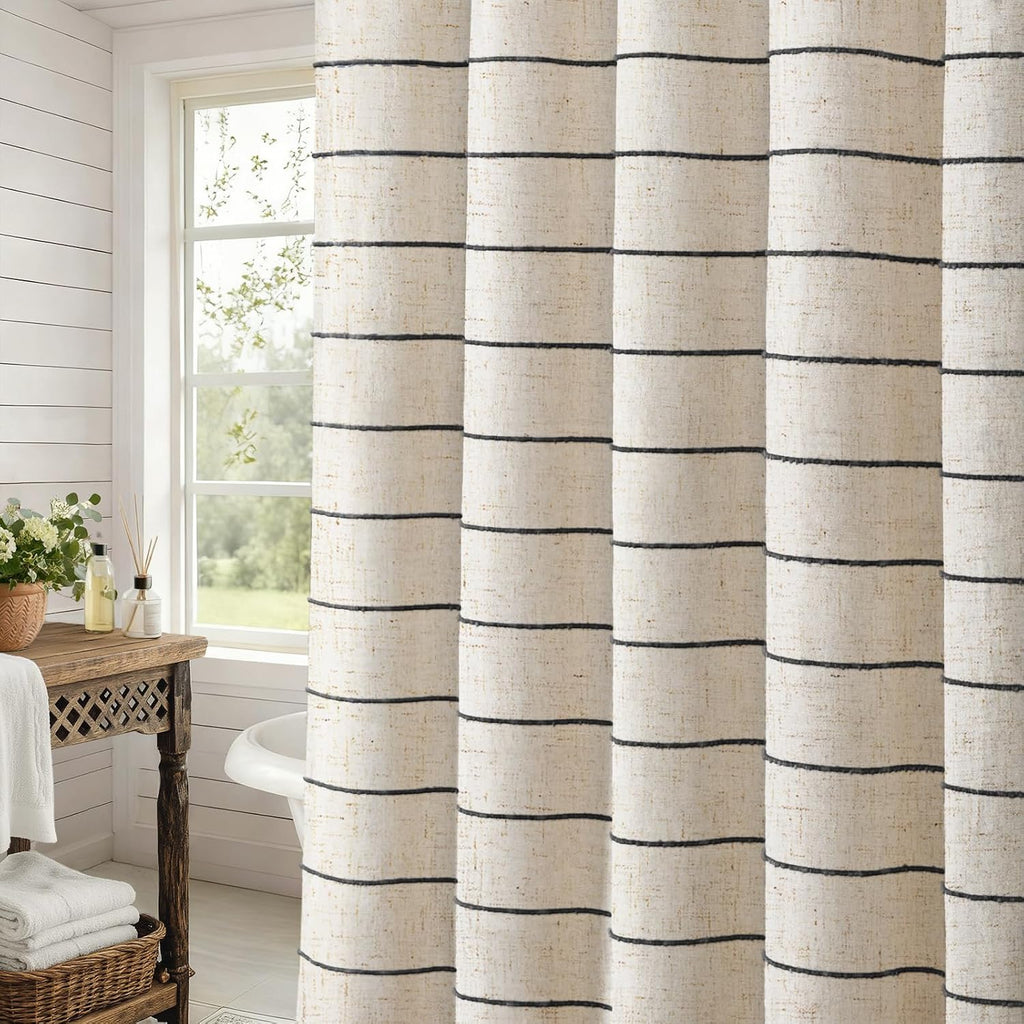 Striped Linen Shower Curtain , Black and Beige 72 W x 72 H | Boho Farmhouse Neutral Tan Bath Curtain