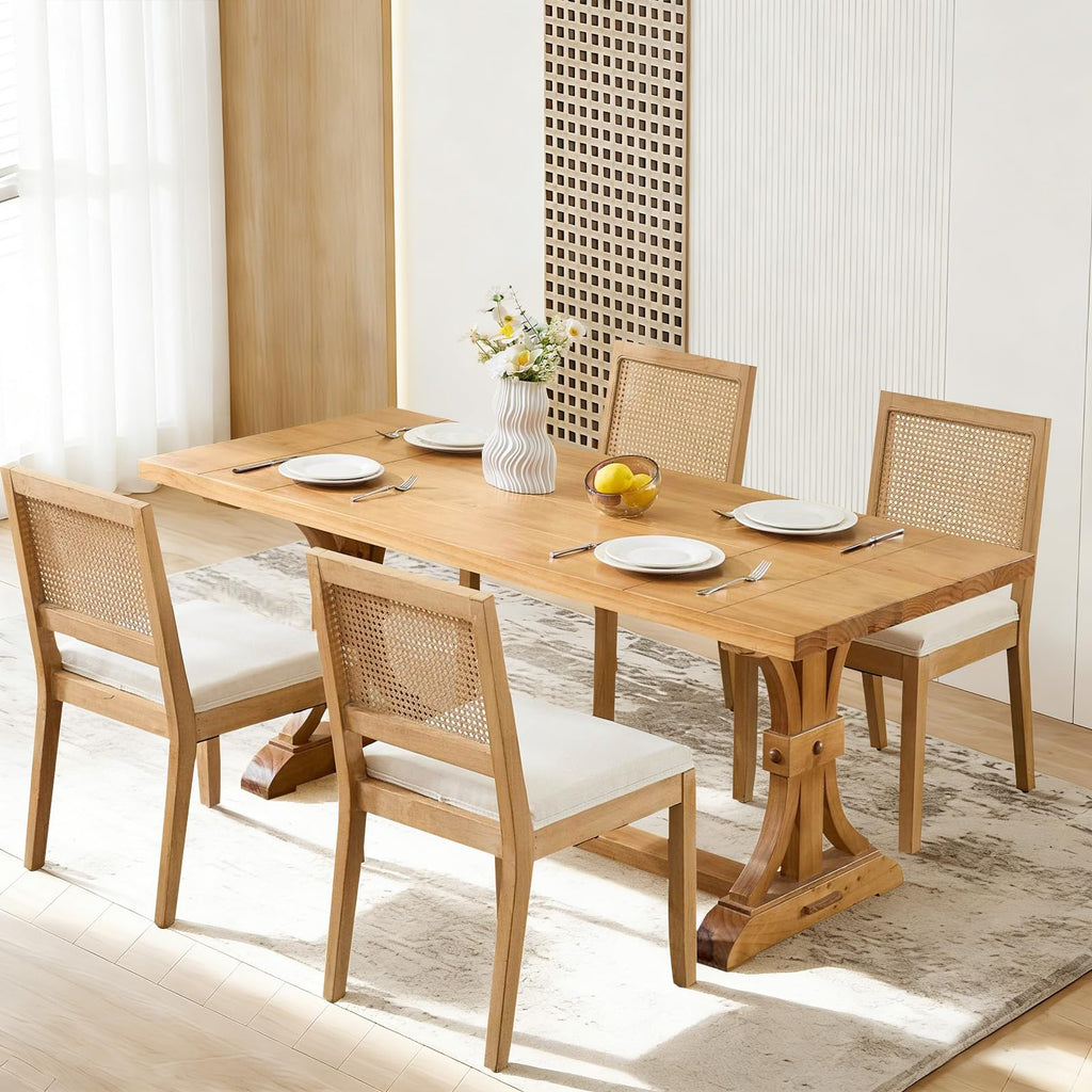 French Country Dining Chairs, Beige Color Rattan, Set of 2