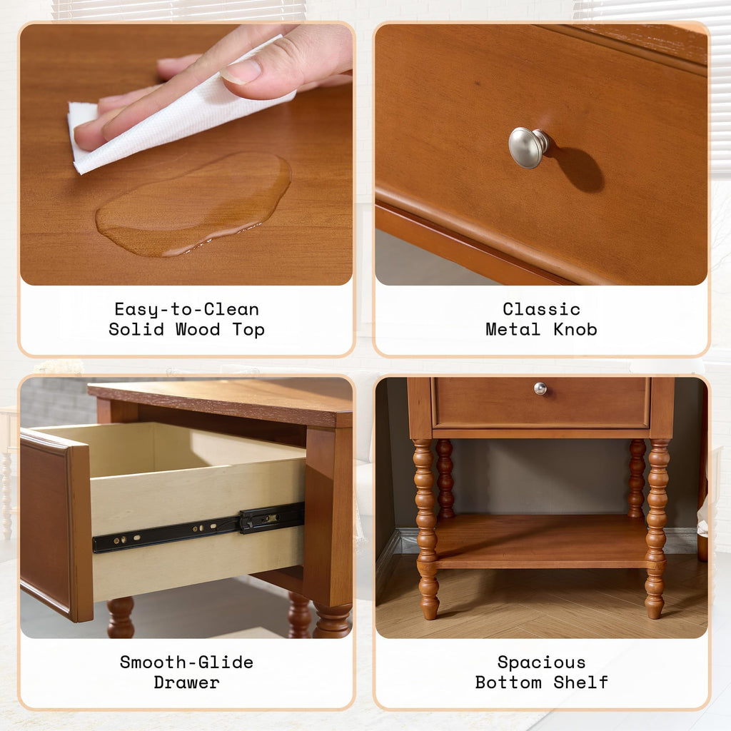Walnut Nightstand Set of 2, Solid Wood Bedside Table, Brown 24"