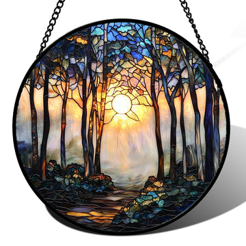 Sunrise Forest Path Stained Glass Window Hanging Suncatcher Gifts 9.8"