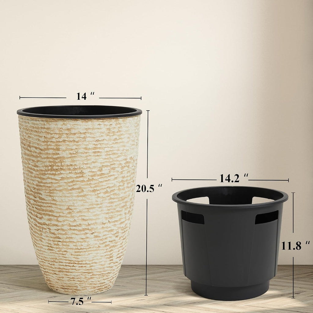 21" H Beige Tall Planters set of 2 with Inside Pots - 14'' Dia Large Round Plant Tree Pots with Drain Hole