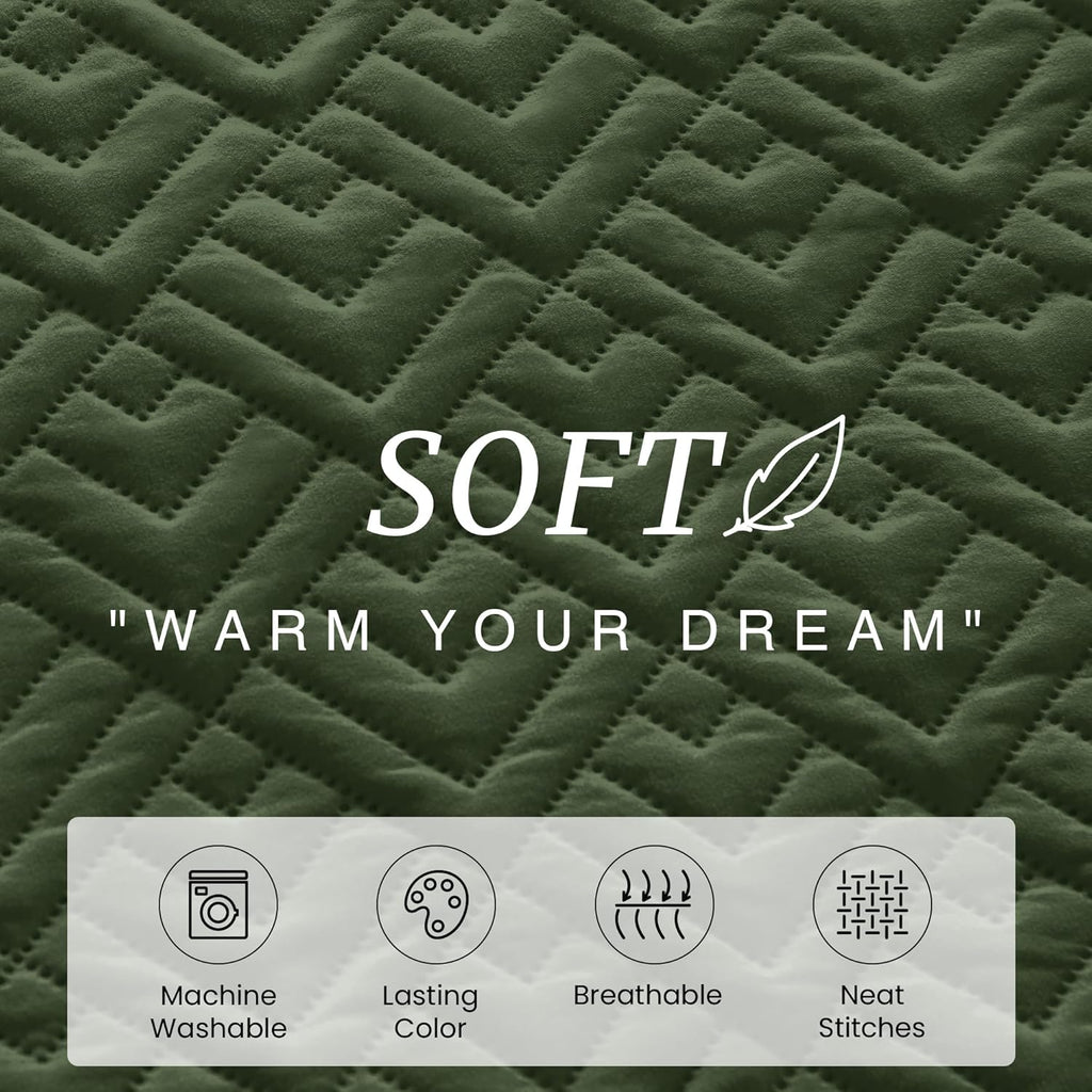Quilt Set Full Quilts Queen Olive Green 3 Piece,Lightweight Soft Coverlet Modern Style Squares Pattern Bedspread