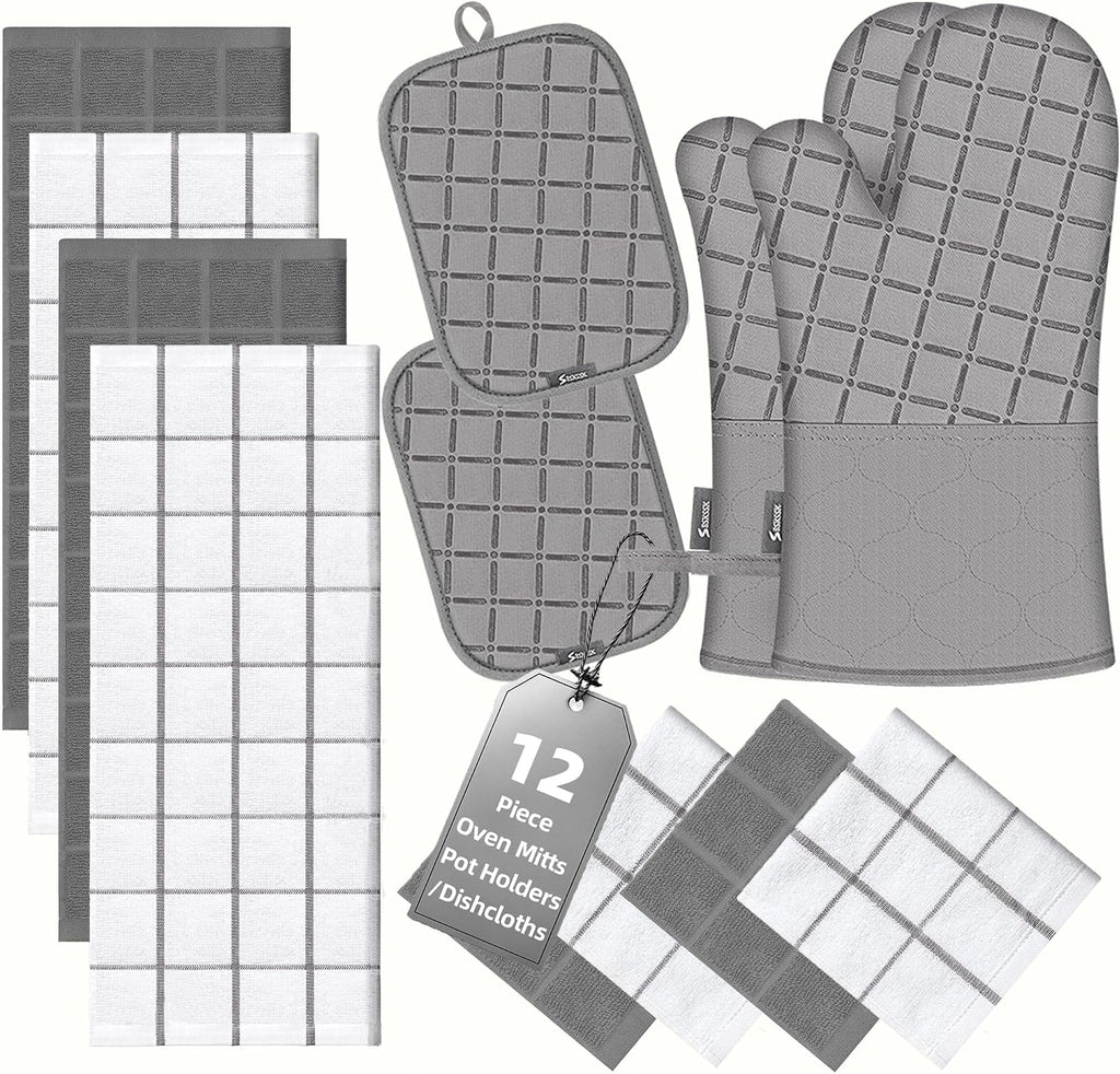 Oven Mitts Kitchen Towels and Dishcloths Pot Holders Sets, Oven Gloves Kitchen Dish Towels 500 Degree Heat Resistant