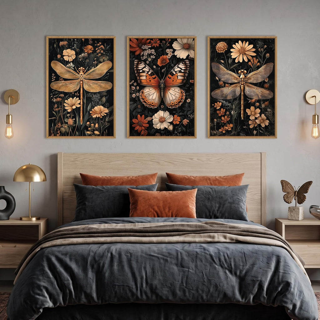 Vintage Butterfly Dragonfly Framed Canvas Wall Art Set, Moody Dark Academia Animal Floral Botanical Wall Decor, Retro