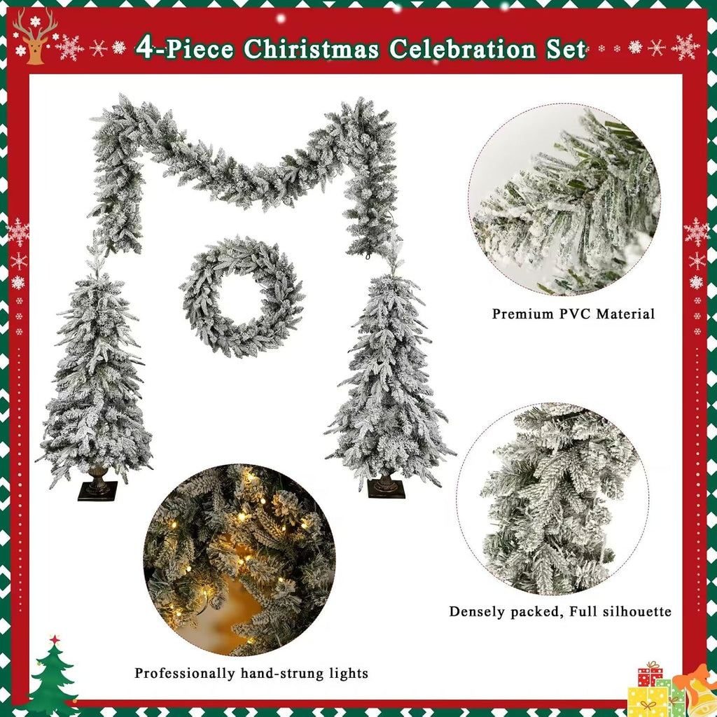 Pre-lit Christmas Artificial Tree 4-Piece Set, Garland, Wreath and Set of 2 Entrance Trees, X-mas with LED Lights