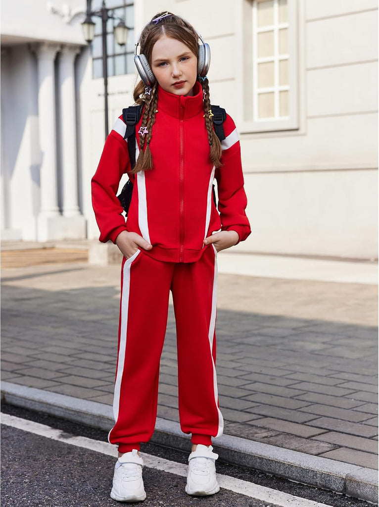 Girl's 2 Piece Outfits Zip Up Sweatsuit Contrast Striped Tracksuit