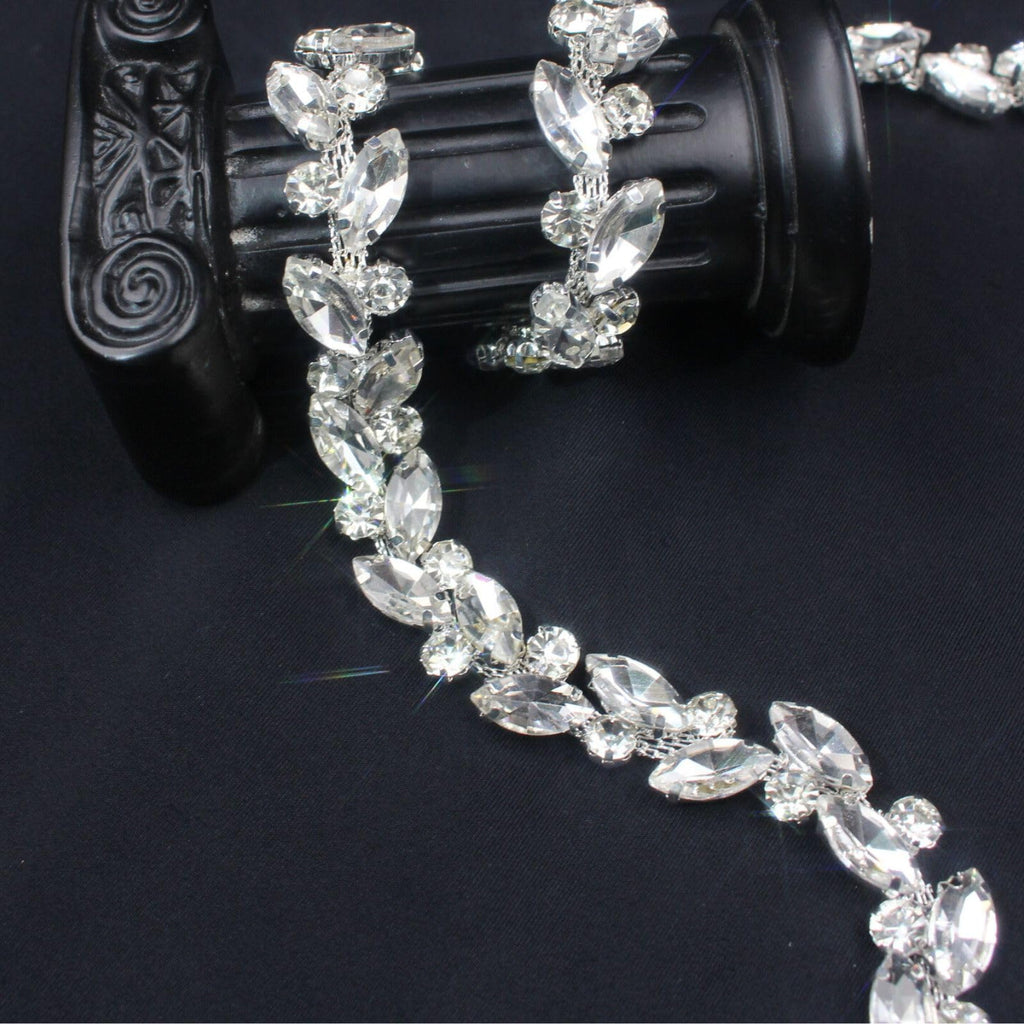 Rhinestone Trim Chain Silver String Strips Crystal Applique Fringe Ribbon Beads Sewing for Dress DIY Party - 1 Yard