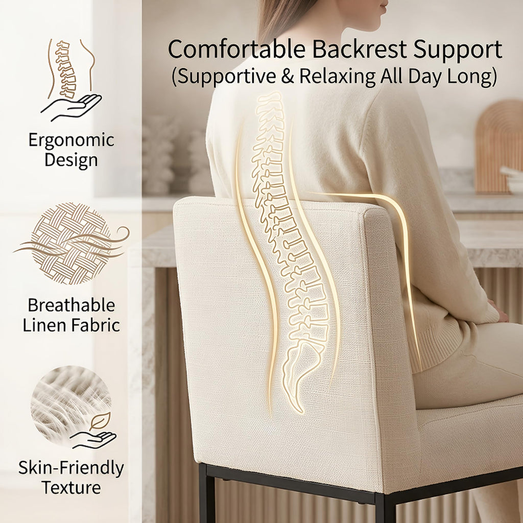 Linen 27 inches Counter Height Bar Stools with Padded Back, Modern Upholstered Counter Stool Chairs with Black Metal