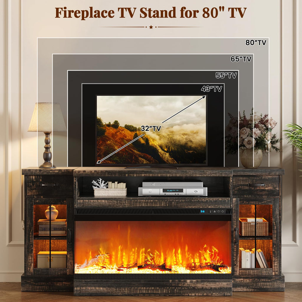 70" Fireplace TV Stand for TVs Up to 80", Farmhouse Entertainment Center with 3-Sided Glass Electric Fireplace, 2