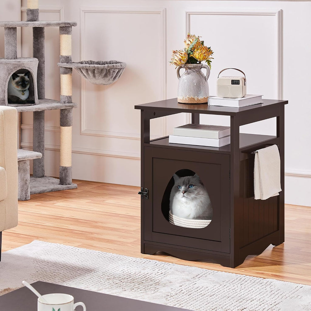 Hidden Cat Litter Box Enclosure Furniture with Storage Shelf