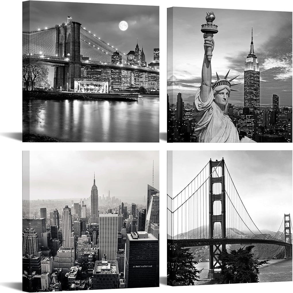 Black and White City Wall Art Modern Brooklyn Bridge Picture Prints US Cityscape Canvas Artwork Home Decor