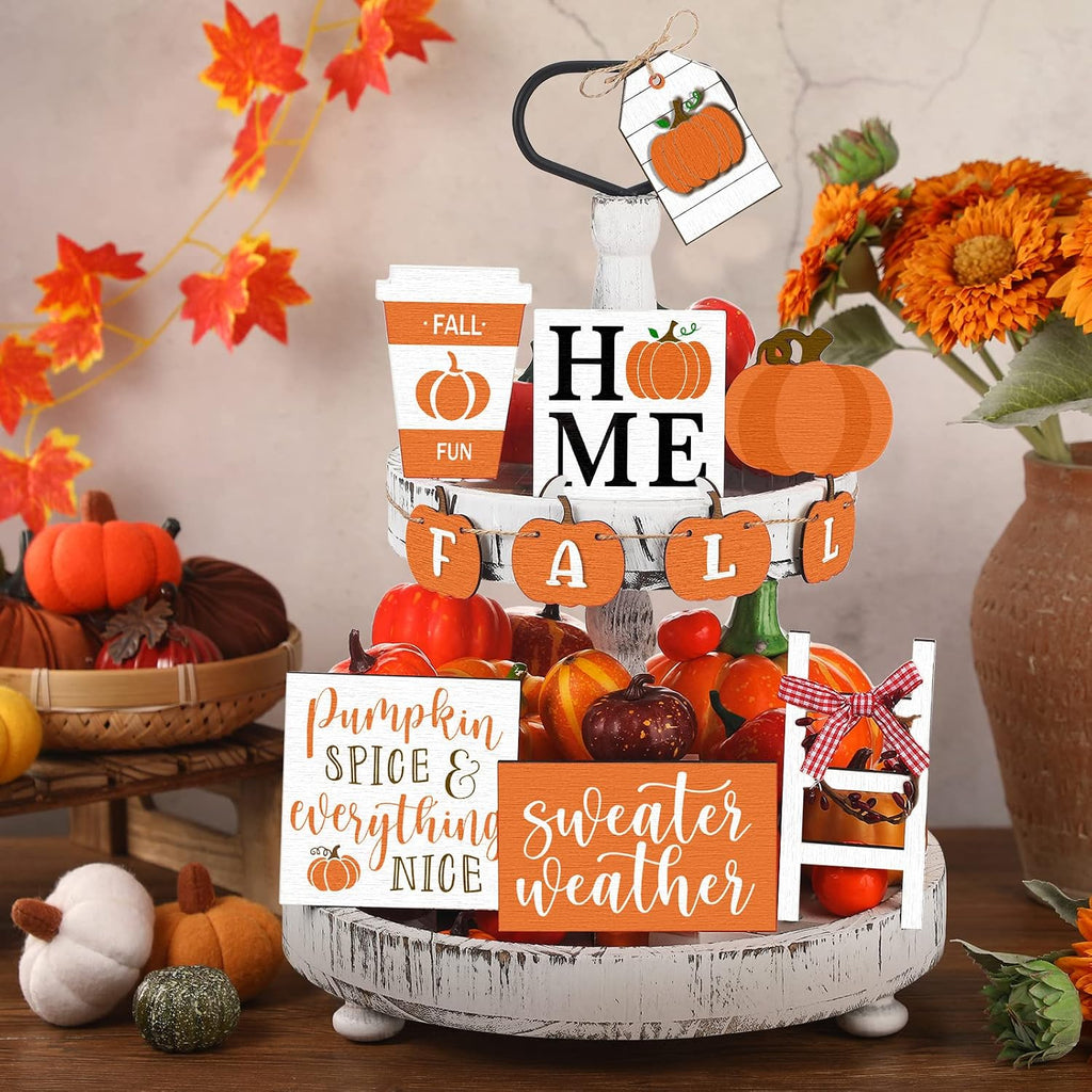 Two Tiered Tray with Wooden Signs Decor, Autumn Style - Set of 11