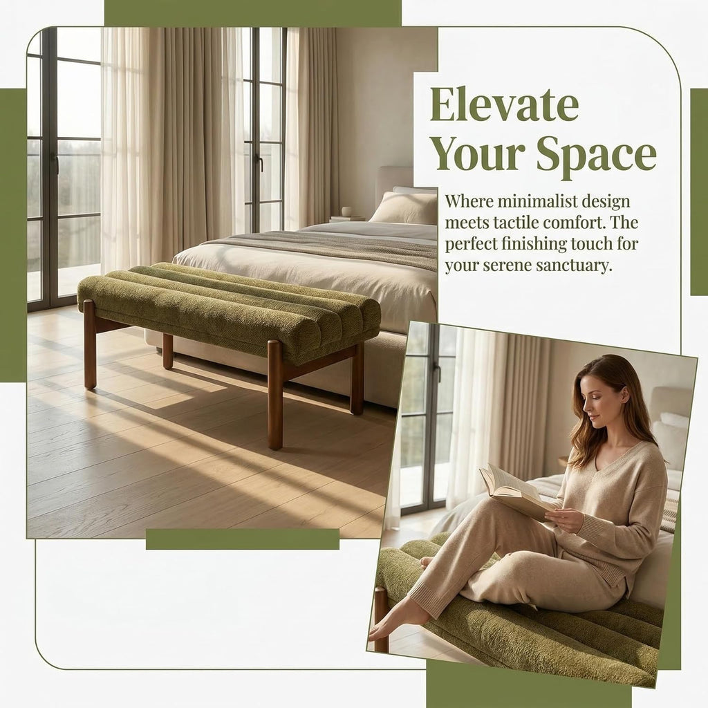 Green Modern Bench End of Bed Entryway Living Room | Chenille Fabric, Wooden Legs, 47" Long, Upholstered, Vintage Mid