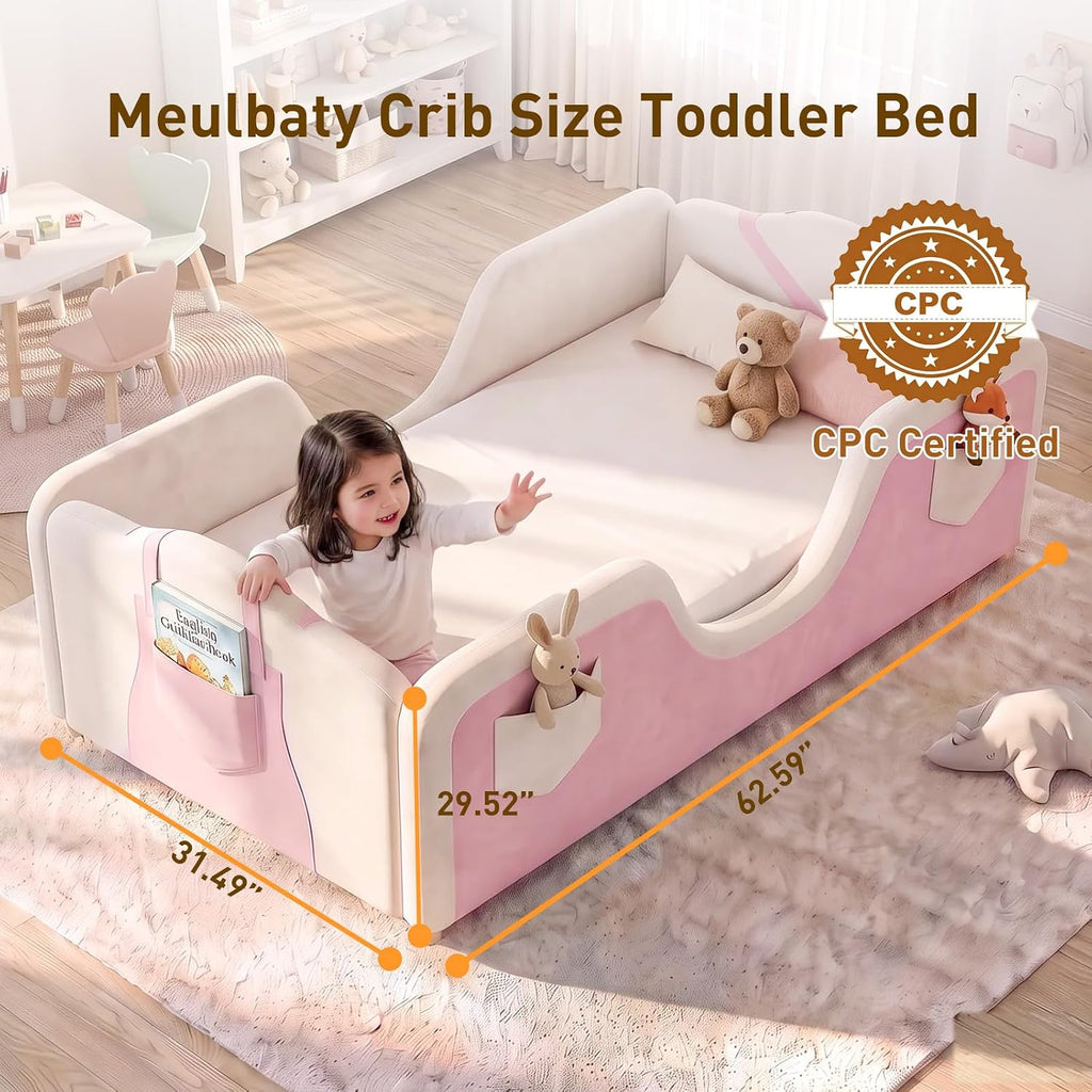 Toddler Bed, Toddler Floor Bed, Upholstered Toddler Bed Frame | Montessori Kid Bed, Wood Slats, 6 storage pockets