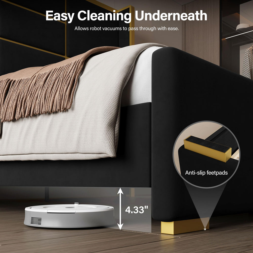 King Size Bed Frame with Headboard, 66.93" Tall Bed, Black and Gold