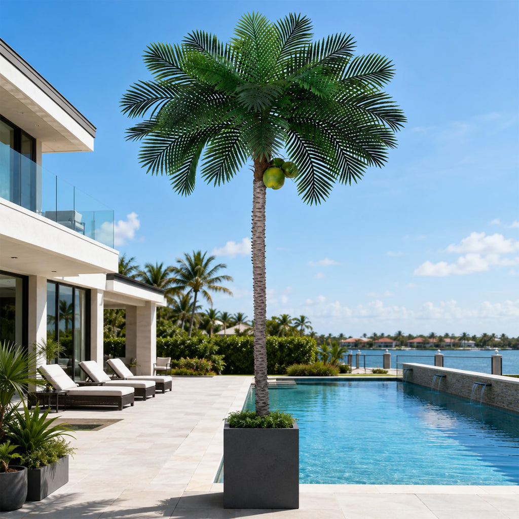 10ft Tall Artificial Phoenix Palm Tree with 3 Coconut Fruits, Large Fake Tropical Silk Tree Outside, Fake Tree