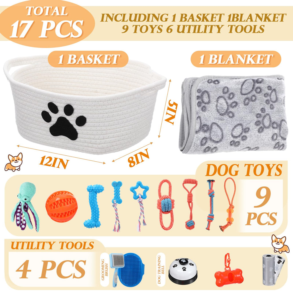 17 Pcs Puppy Gift Set, Dog Toy & Essentials Bundle, White, Octopus