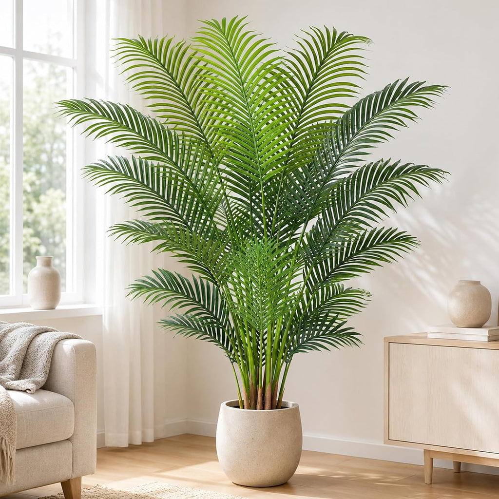 Artificial Palm Tree 6.2ft Tall Fake Palm Tree Indoor Decor with 18 leaves and Real Bark Design Faux Tropical Areca