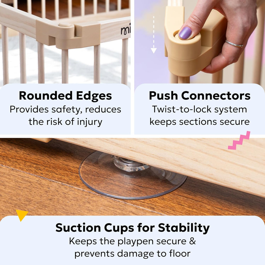 Baby Playpen, Wooden Playpen for Babies and Toddlers, Foldable Fence with Montessori Activity Panel, Storage Basket &