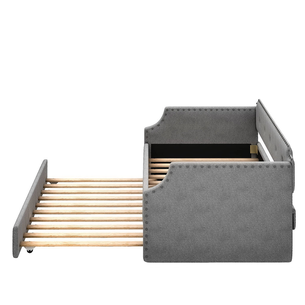 Twin Daybed with Trundle, Upholstered Daybed with Trundle, Twin Size Trundle Daybed Sofa Bed Living Room, No Box