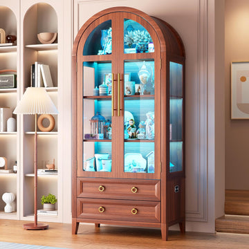 71" Arched Display Cabinets with LED Lights and Glass Doors,Brown | Curio Cabinet and 2 Drawers, Human Sensor Lights