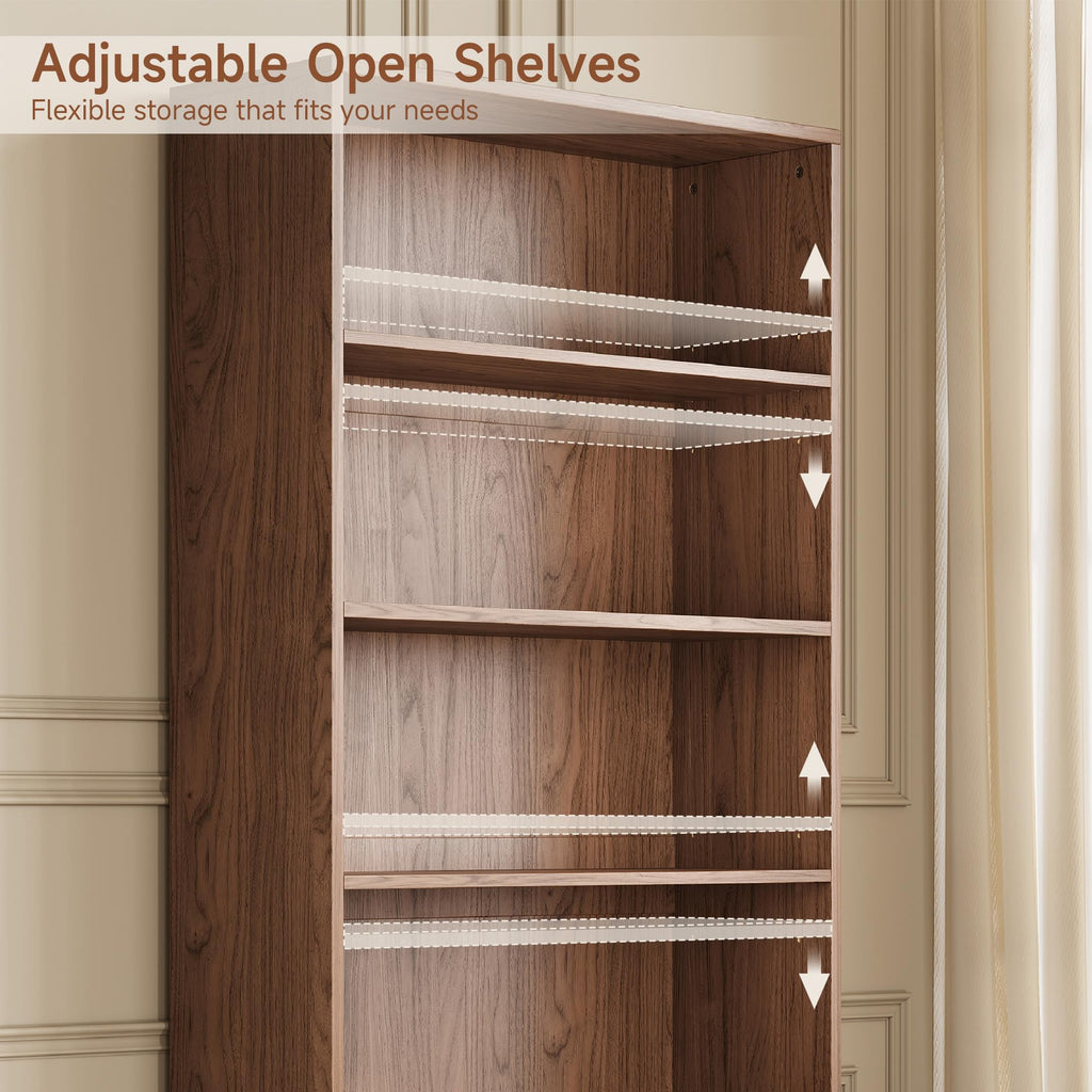 71" Tall Bookshelf with Cabinet, 5 Tier Fluted Bookcase Walnut
