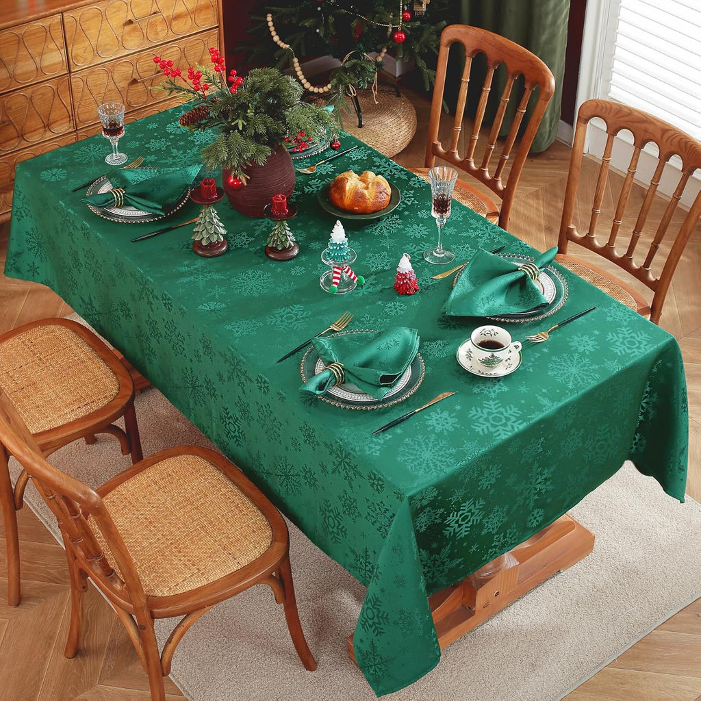 Christmas Green Tablecloth Rectangle, Jacquard Spill Proof Table Cloth with Snowflake Patterns, Damask Table Cover