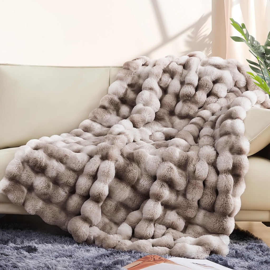 1000GSM Faux Rabbit Fur Throw Blanket, Super Heavy Warm Cozy Brown Blankets for Couch Bed Sofa, Ruched Plush Fuzzy