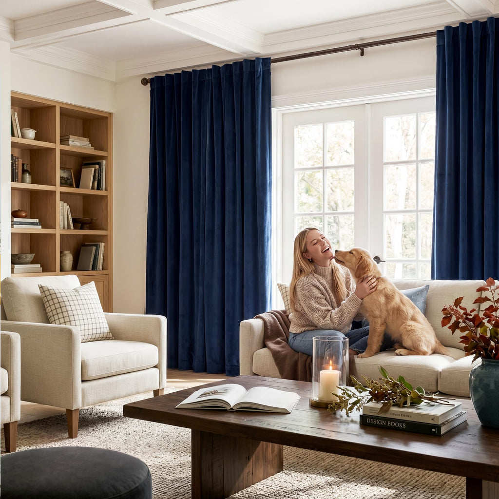 Navy Blue Velvet Blackout Curtains, W52xL120, 2 Pcs