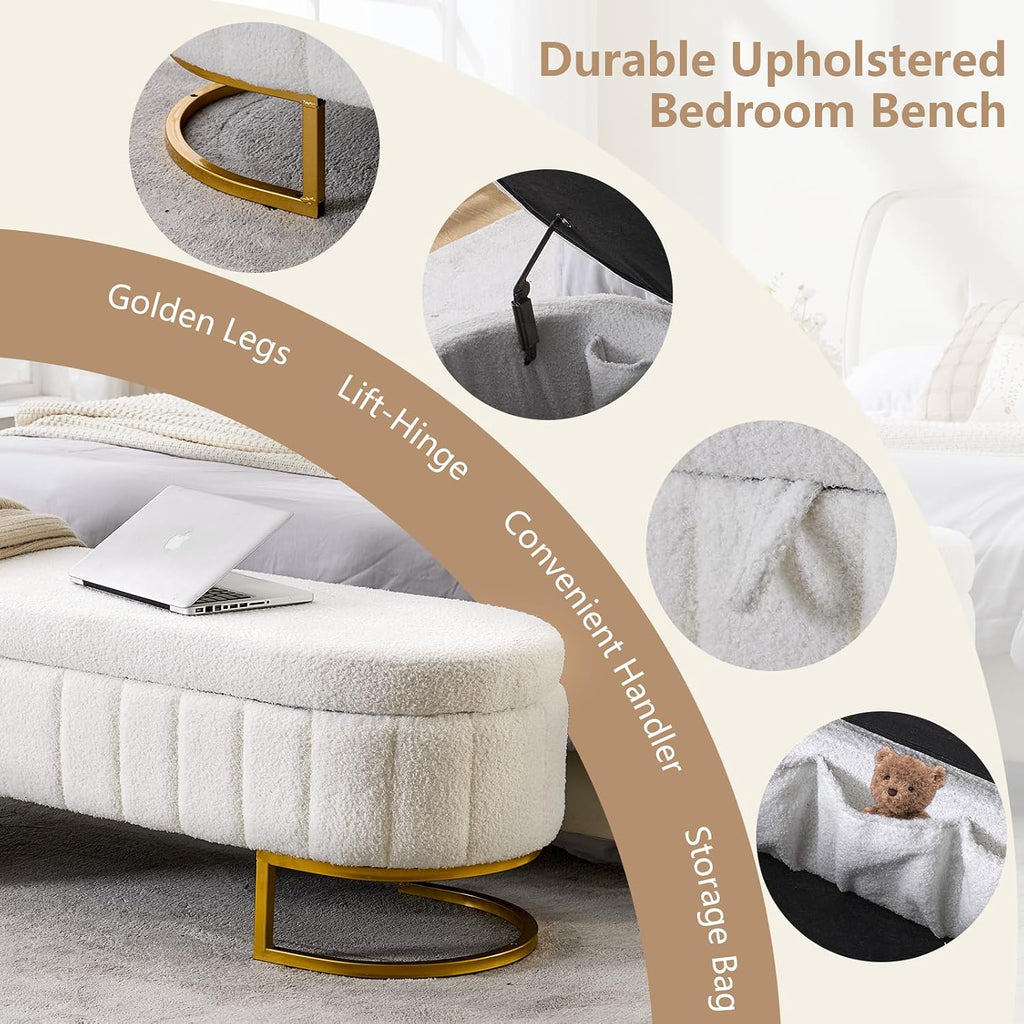 65" Curved Storage Ottoman Bench , Upholstered End of Bed Bench for King Size Bed, Oval Storage Bench with Gold Metal