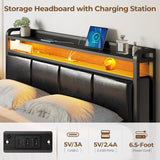 Bed Frame Full with Charging Station and LED Lights, PU Leather Headboard with Storage Shelves, Heavy Duty Metal Slats