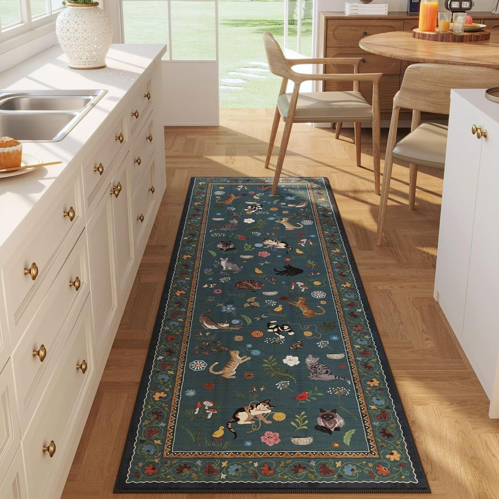 Runner Rug for Kitchen Non Slip 2'6''x8' Washable Rugs with Rubber Backing Soft Floral Animal Cat Ca