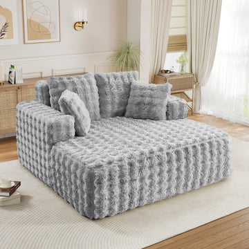 60.75" Oversized Chaise Lounge Indoor, Modern Comfy Bubble Faux Fur Fabric Deep Seat Boneless Sleeper Chaise Lounge